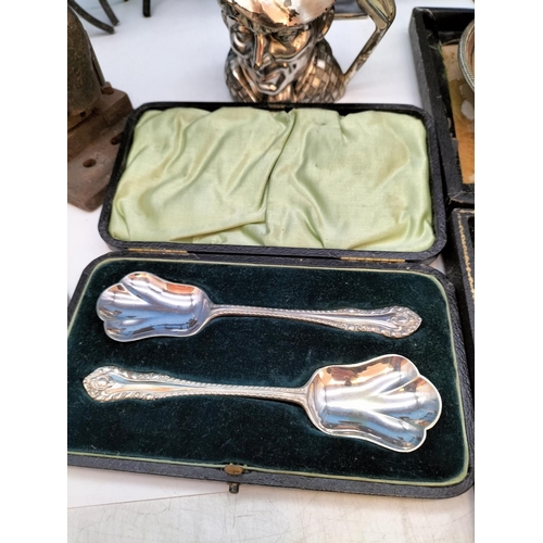 417 - Collection of Mixed Items to include Cased Cutlery, Plated Items, Cast Metal Press, Glass Flower Vas... 