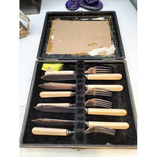 417 - Collection of Mixed Items to include Cased Cutlery, Plated Items, Cast Metal Press, Glass Flower Vas... 