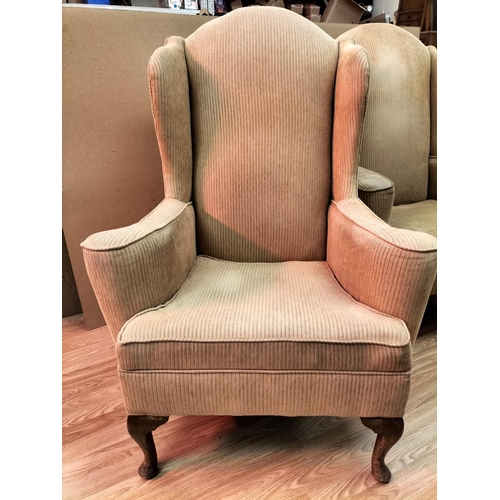 419 - 2 x Gold Corduroy Georgian Style Wing Backed Fireside Chairs. 121cm High, 90cm x 70cm. Seat Height 4... 