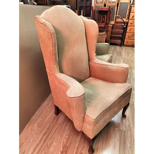 419 - 2 x Gold Corduroy Georgian Style Wing Backed Fireside Chairs. 121cm High, 90cm x 70cm. Seat Height 4... 