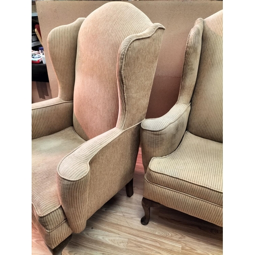 419 - 2 x Gold Corduroy Georgian Style Wing Backed Fireside Chairs. 121cm High, 90cm x 70cm. Seat Height 4... 