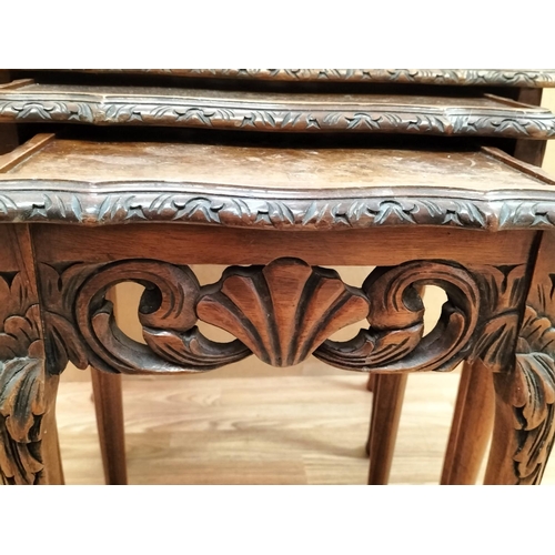 49 - Nest of 3 Ornate Burr Wood Effect Tables. 55cm High, 54cm Wide, 41cm Depth. Collection Only.