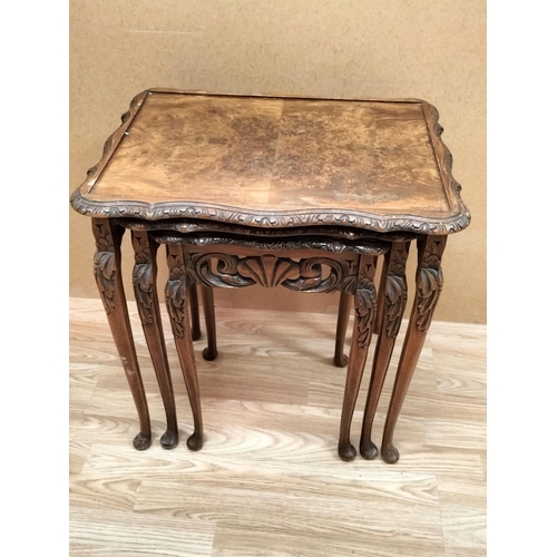 49 - Nest of 3 Ornate Burr Wood Effect Tables. 55cm High, 54cm Wide, 41cm Depth. Collection Only.