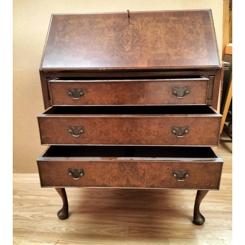 84 - Shaw of London Burr Wood Effect Three Drawer Drop Front Bureau/Writing Desk with Key. 100cm High, 74... 