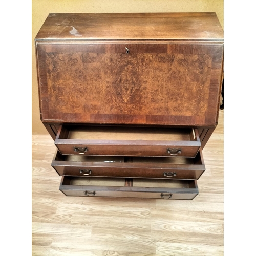 84 - Shaw of London Burr Wood Effect Three Drawer Drop Front Bureau/Writing Desk with Key. 100cm High, 74... 