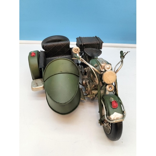 212 - Tin Plate Model of a Motorcycle and Side Car. 10cm High x 27cm.