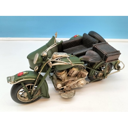 212 - Tin Plate Model of a Motorcycle and Side Car. 10cm High x 27cm.