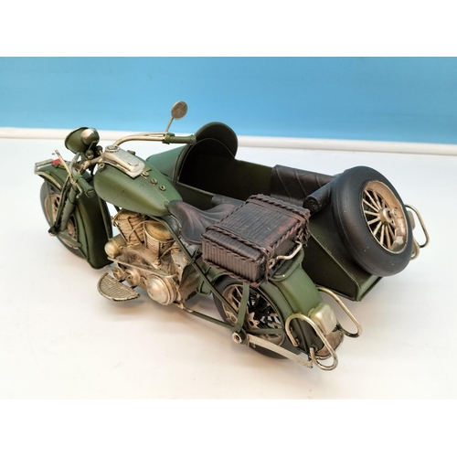 212 - Tin Plate Model of a Motorcycle and Side Car. 10cm High x 27cm.