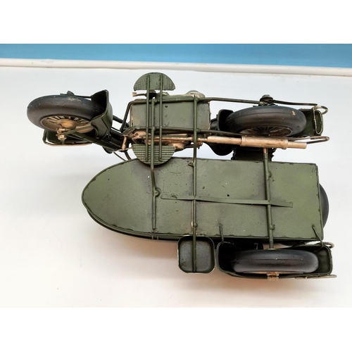 212 - Tin Plate Model of a Motorcycle and Side Car. 10cm High x 27cm.