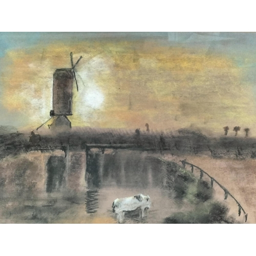 298 - Framed and Mounted Pastel Drawing of a Dutch Landscape Scene, Signed AAB. 56cm x 42cm.