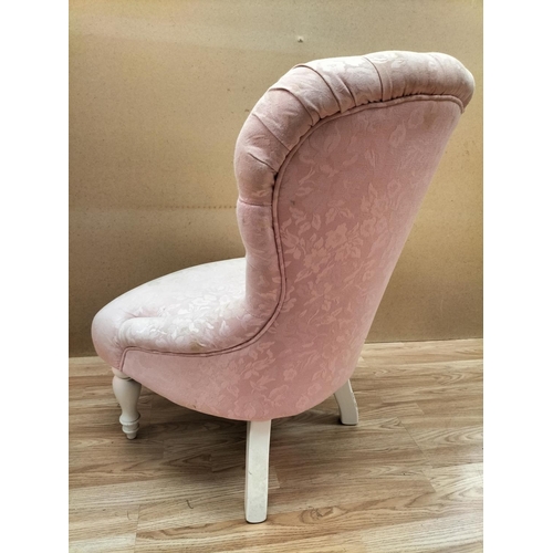 299 - Pink Button Back Nursing Chair. 87cm High, 60cm x 52cm. Seat Height 40cm. Collection Only.