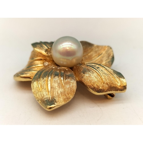 30 - Vintage Christian Dior Gold Tone Costume Flower and Pearl Brooch. 4cm Diameter.