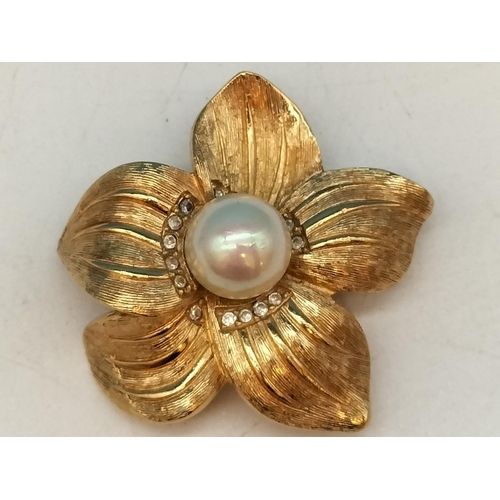 30 - Vintage Christian Dior Gold Tone Costume Flower and Pearl Brooch. 4cm Diameter.