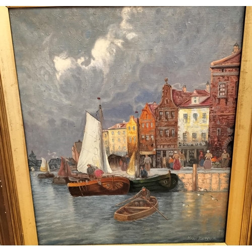 37 - Framed Oil on Board Copenhagen Harbour Scene. Signed Keszi Kertesz. 76cm x 66cm.