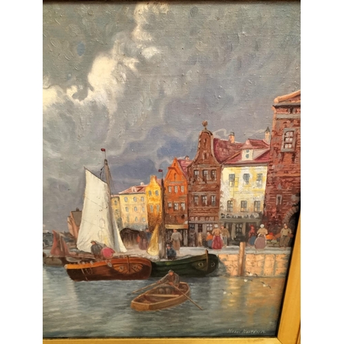 37 - Framed Oil on Board Copenhagen Harbour Scene. Signed Keszi Kertesz. 76cm x 66cm.