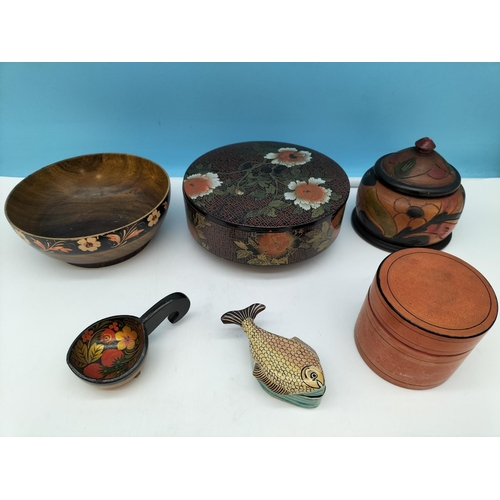 43 - Good Collection of Papier Mache and Lacquer Ware Trinket Boxes and Containers, plus Treen Bowl.