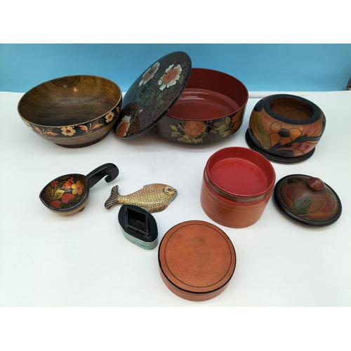 43 - Good Collection of Papier Mache and Lacquer Ware Trinket Boxes and Containers, plus Treen Bowl.