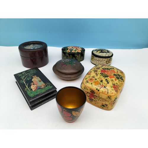 43 - Good Collection of Papier Mache and Lacquer Ware Trinket Boxes and Containers, plus Treen Bowl.