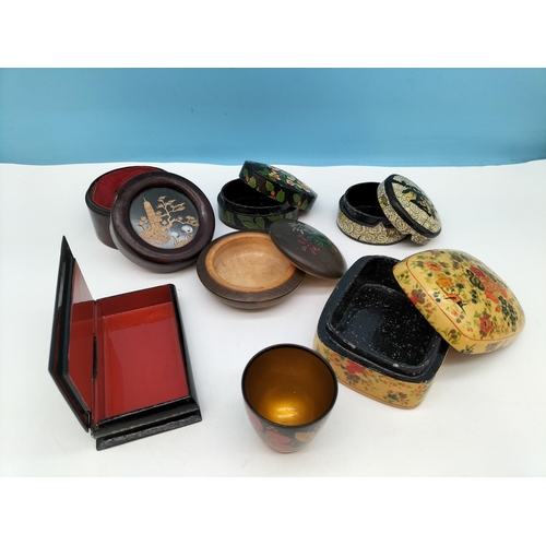 43 - Good Collection of Papier Mache and Lacquer Ware Trinket Boxes and Containers, plus Treen Bowl.