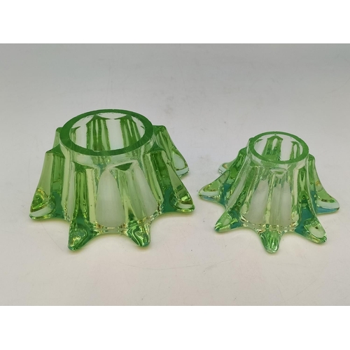 163 - Victorian Uranium Glass Candle Holders (2). Largest 5cm High, 12cm Dameter.