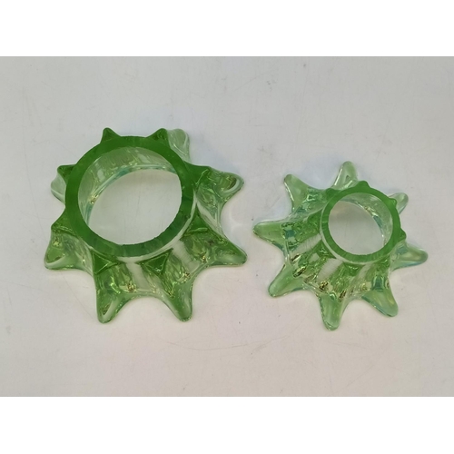 163 - Victorian Uranium Glass Candle Holders (2). Largest 5cm High, 12cm Dameter.