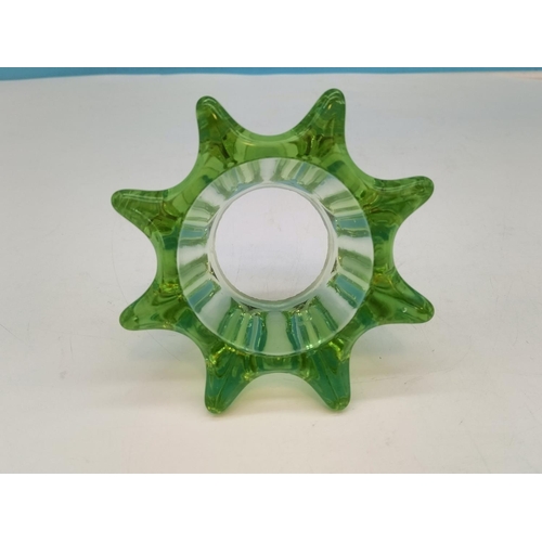 163 - Victorian Uranium Glass Candle Holders (2). Largest 5cm High, 12cm Dameter.