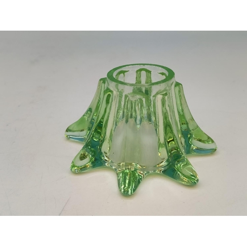 163 - Victorian Uranium Glass Candle Holders (2). Largest 5cm High, 12cm Dameter.