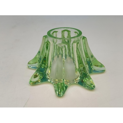 163 - Victorian Uranium Glass Candle Holders (2). Largest 5cm High, 12cm Dameter.