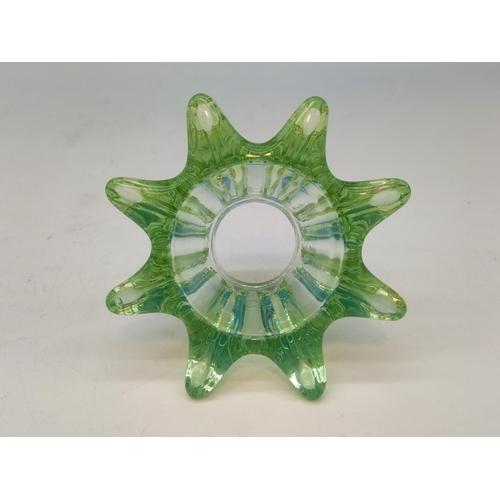 163 - Victorian Uranium Glass Candle Holders (2). Largest 5cm High, 12cm Dameter.