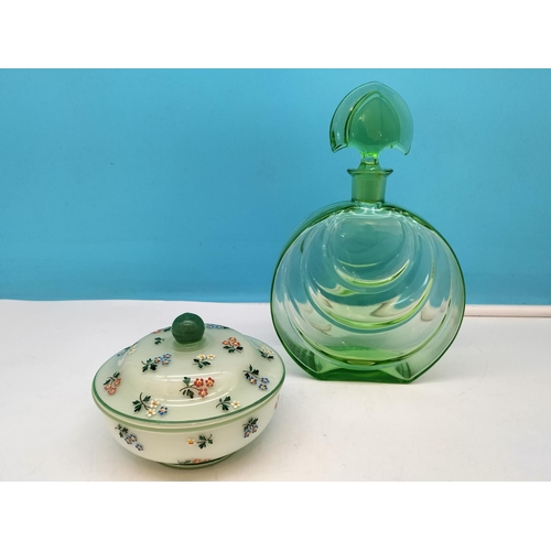 164 - 1930 Art Deco Green Glass 24cm Decanter and Art Deco Milk Glass Hand Painted Powder Bowl.