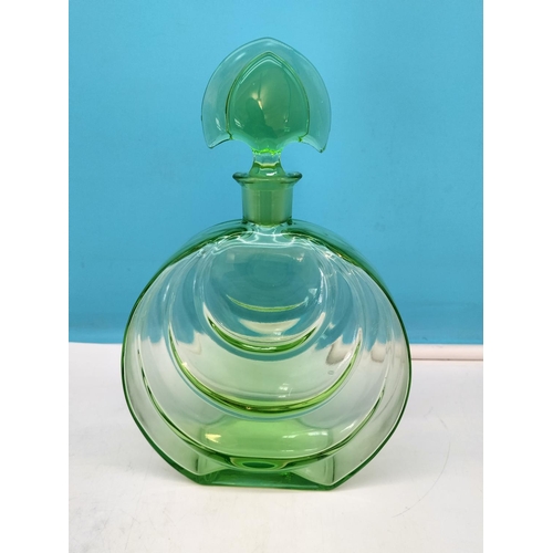 164 - 1930 Art Deco Green Glass 24cm Decanter and Art Deco Milk Glass Hand Painted Powder Bowl.