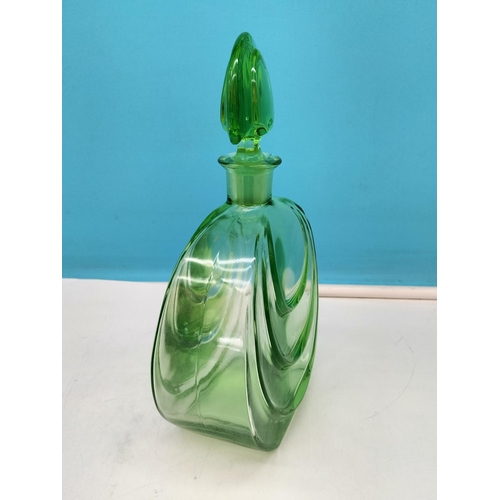 164 - 1930 Art Deco Green Glass 24cm Decanter and Art Deco Milk Glass Hand Painted Powder Bowl.