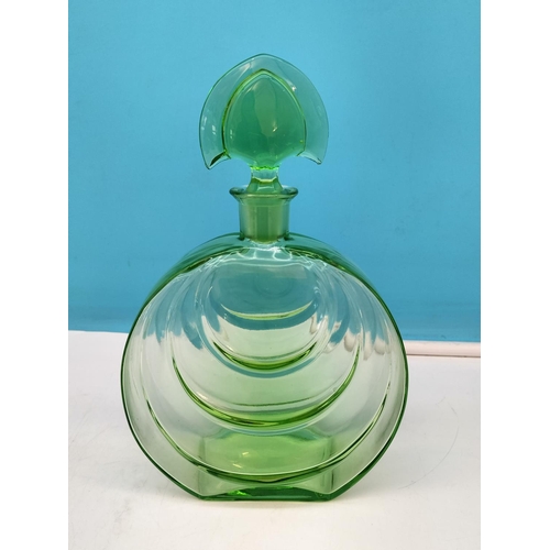 164 - 1930 Art Deco Green Glass 24cm Decanter and Art Deco Milk Glass Hand Painted Powder Bowl.