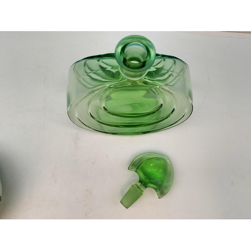 164 - 1930 Art Deco Green Glass 24cm Decanter and Art Deco Milk Glass Hand Painted Powder Bowl.