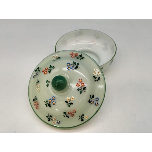 164 - 1930 Art Deco Green Glass 24cm Decanter and Art Deco Milk Glass Hand Painted Powder Bowl.