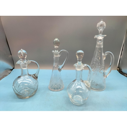 165 - Collection of Edwardian Etched Glass Ewer/Spirit Flagons, some with Floral Decoration. Tallest 20cm.