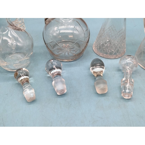 165 - Collection of Edwardian Etched Glass Ewer/Spirit Flagons, some with Floral Decoration. Tallest 20cm.