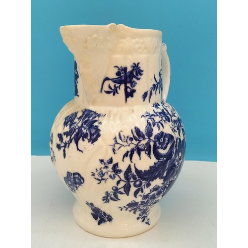 175 - c1776-94 Caughley Worcester 19.5cm Blue and White Mask Jug with Floral and Butterfly Design. Hairlin... 