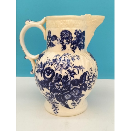 175 - c1776-94 Caughley Worcester 19.5cm Blue and White Mask Jug with Floral and Butterfly Design. Hairlin... 