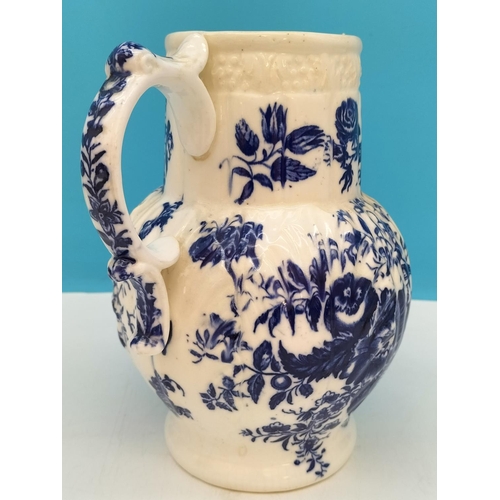 175 - c1776-94 Caughley Worcester 19.5cm Blue and White Mask Jug with Floral and Butterfly Design. Hairlin... 