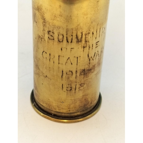 2 - Trench Art Pom Pom Artillery Shells (2) Marked 'Souvenir of The Great War 1914-1918'. 18cm Tall.