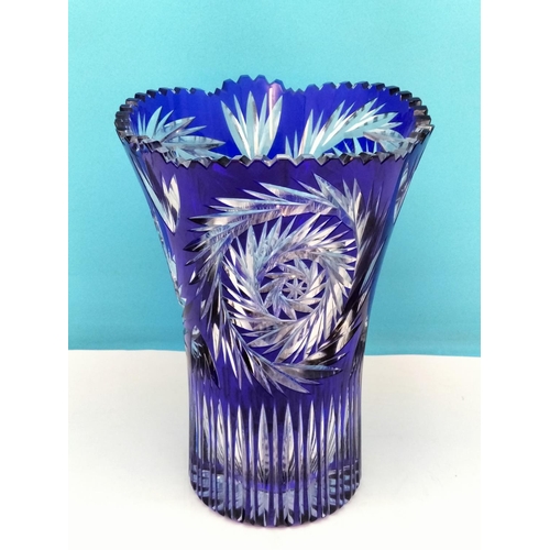 207 - Bohemia Crystal Cut Large 26cm Cobalt Blue Vase. Small Chip to Rim.