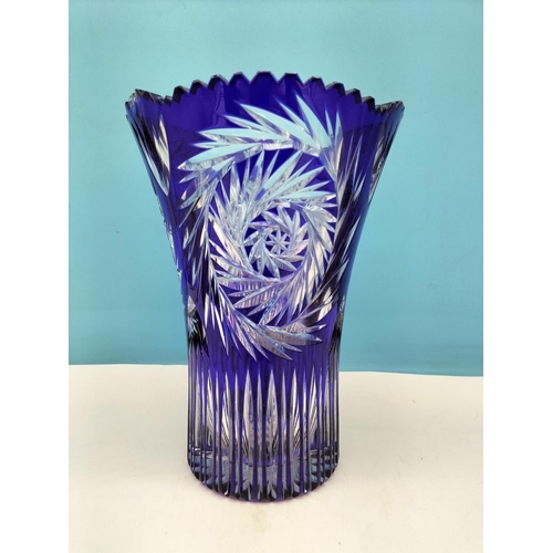 207 - Bohemia Crystal Cut Large 26cm Cobalt Blue Vase. Small Chip to Rim.