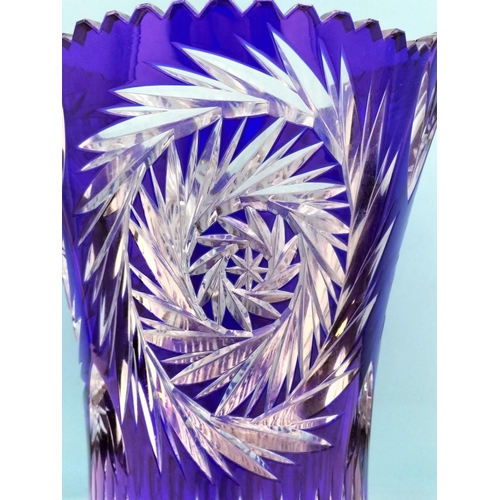 207 - Bohemia Crystal Cut Large 26cm Cobalt Blue Vase. Small Chip to Rim.