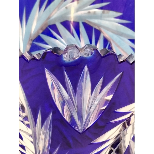 207 - Bohemia Crystal Cut Large 26cm Cobalt Blue Vase. Small Chip to Rim.