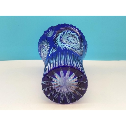 207 - Bohemia Crystal Cut Large 26cm Cobalt Blue Vase. Small Chip to Rim.