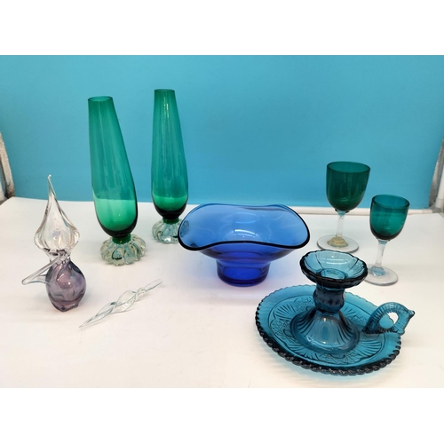 237 - Collection of Coloured Glass to include a Pair of Mid Century Green Bud Vases, Cobalt Blue Dish and ... 