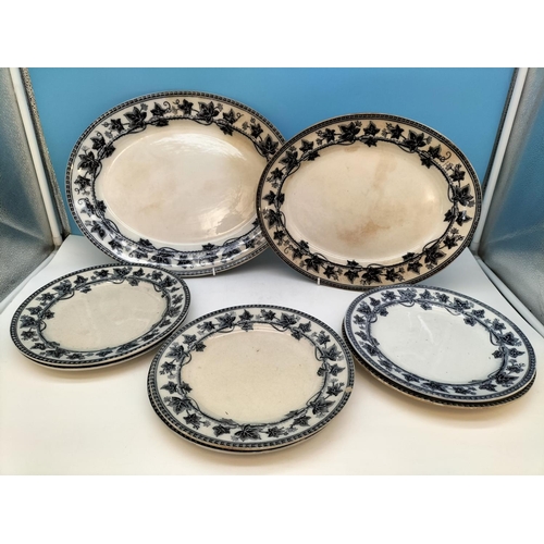 262 - c1860-1880 Wedgwood Ivy Pattern Blue and White Platters (2) plus Dinner Plates (6). Chip to One Plat... 