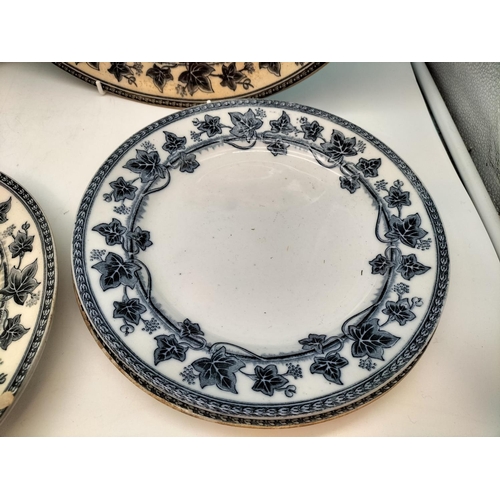 262 - c1860-1880 Wedgwood Ivy Pattern Blue and White Platters (2) plus Dinner Plates (6). Chip to One Plat... 