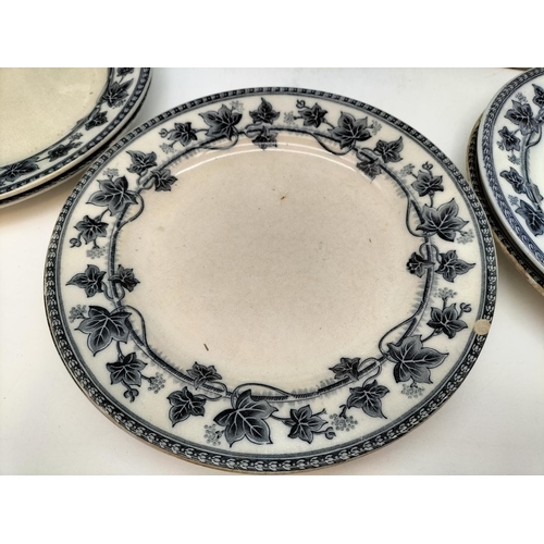 262 - c1860-1880 Wedgwood Ivy Pattern Blue and White Platters (2) plus Dinner Plates (6). Chip to One Plat... 